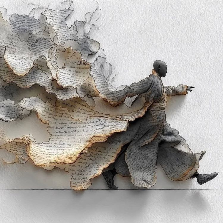 Un uomo in movimento indossa un abbigliamento tradizionale, circondato da fogli di carta che sembrano fluttuare come un velo, evocando l'idea di pensiero e movimento.