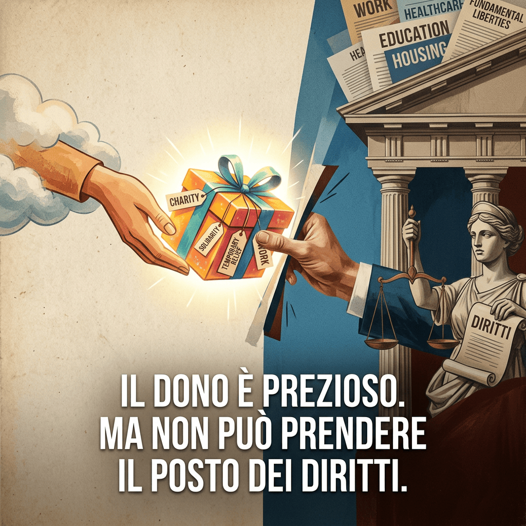 Hands exchange a gift labeled charity and solidarity beside justice imagery; text reads: “IL DONO È PREZIOSO. MA NON PUÒ PRENDERE IL POSTO DEI DIRITTI.”